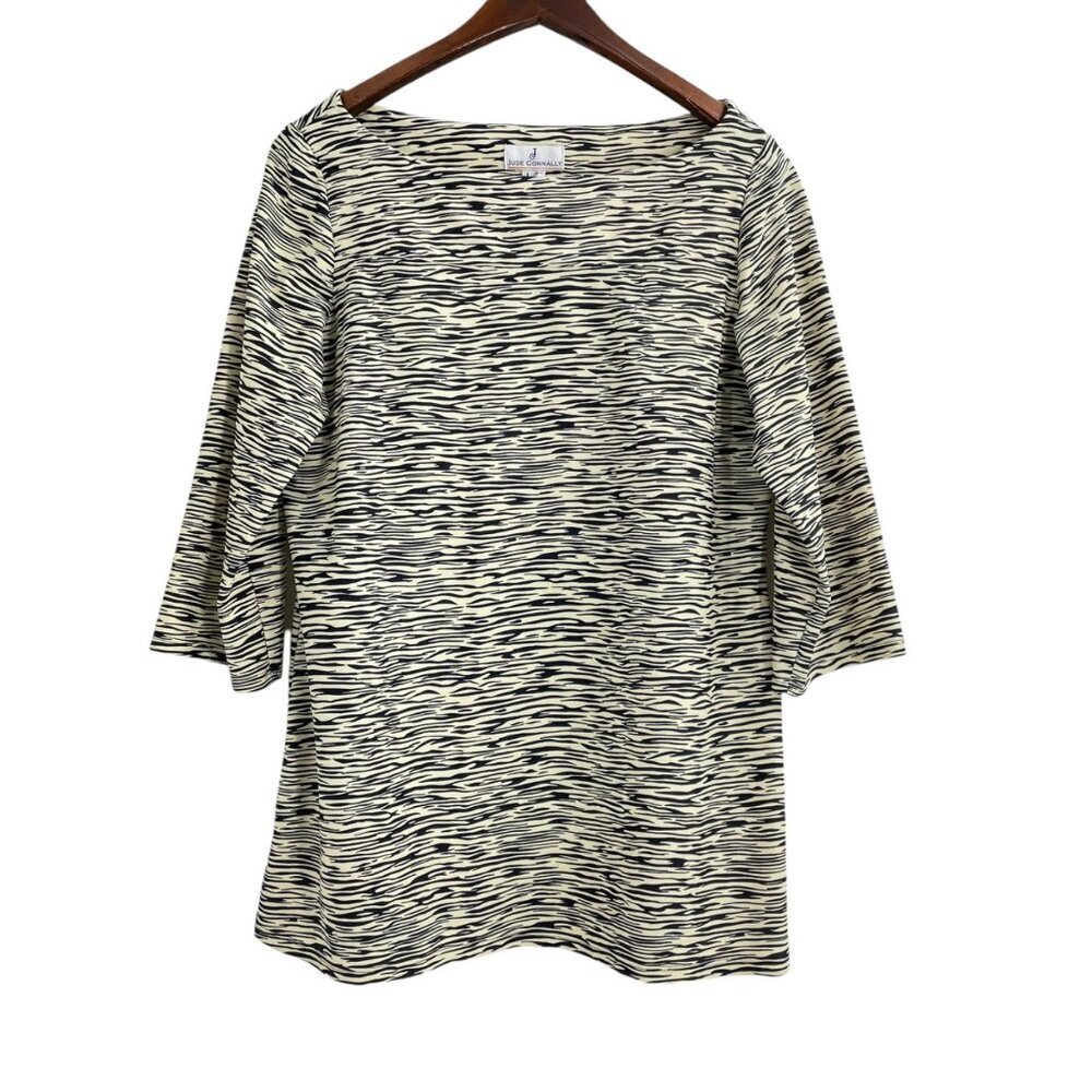 Jude Connally Black Cream Jersey Knit 3/4 Sleeve Tunic Womens Size Large Stretch